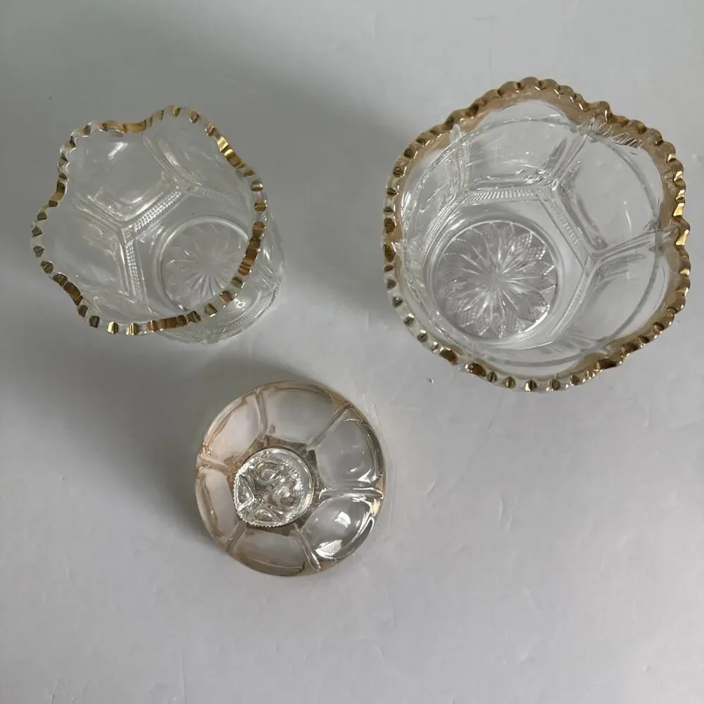 Vintage EAPG US Glass Biscuit Jar w/Lid and Sugar‎ bowl with gold Trim